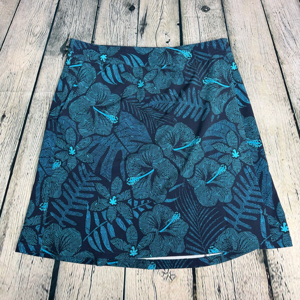 Rip Skirt Blue Teal Hawaiian Hibiscus Floral A-Line Skater Wrap Vel Cro Sz Small